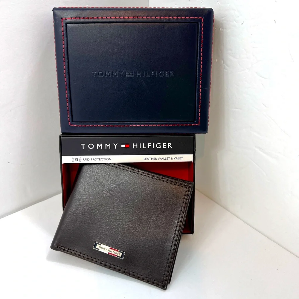 ⭐️TOMMY HILFIGER💯 MENS WALLET DOUBLE FOLD, DARK BROWN, GENUINE LEATHER